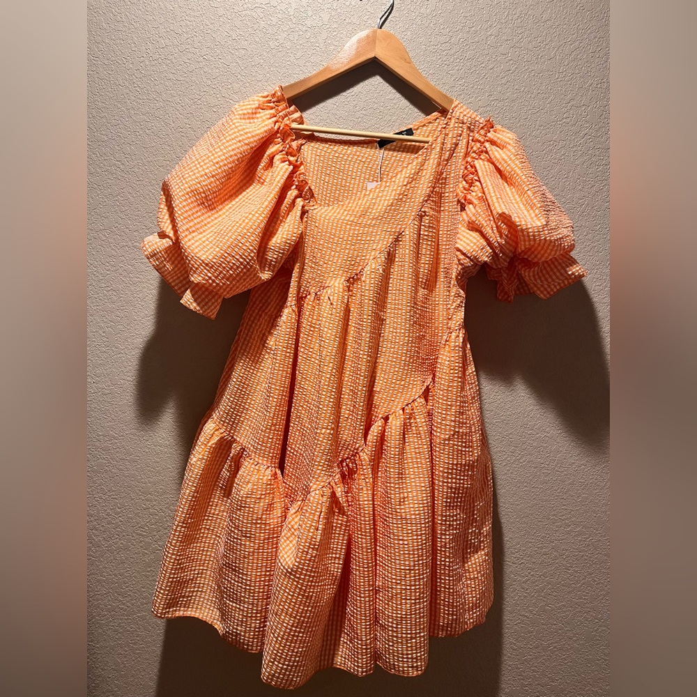 Orange & White Gingham Asymmetrical Neck Puff Sleeve Ruffle Hem Smock Dress - Picture 6 of 6